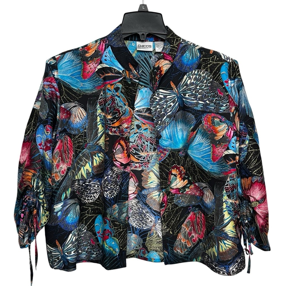 Vintage Chico's Silk Open Front Jacket Butterflies Cinch Tie Sleeves Size Large